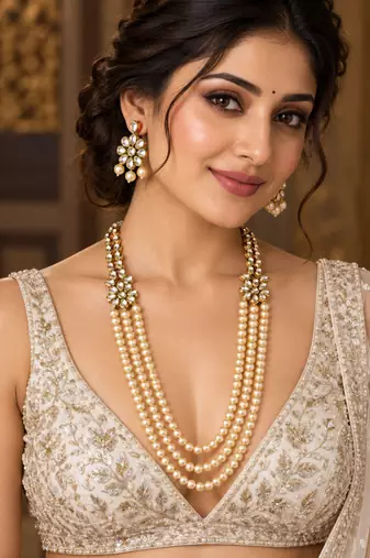 Pearl kundan triple strand necklace set