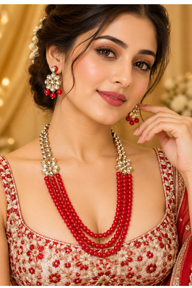 Red Kundan Triple Strand Necklace Set 3
