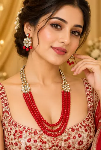 Red Kundan Triple Strand Necklace Set