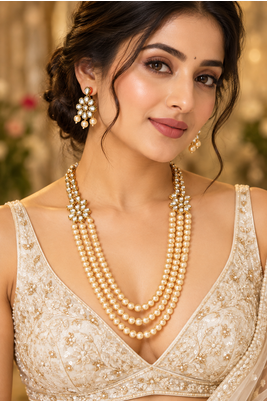 Pearl kundan triple strand necklace set 3