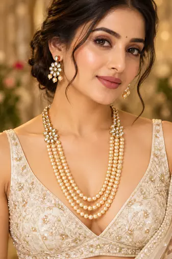 Pearl kundan triple strand necklace set