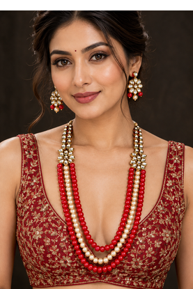 Red and cream kundan pearl layered necklace set 3