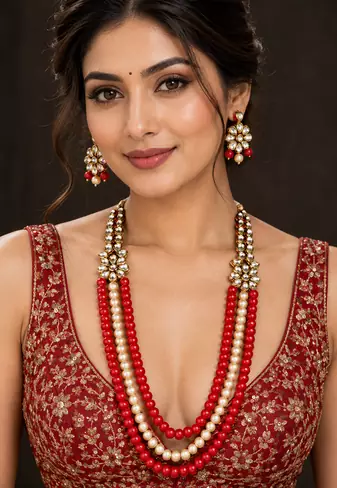Red and cream kundan pearl layered necklace set