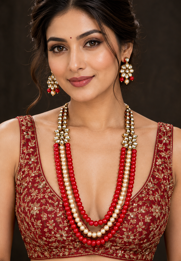 Red and cream kundan pearl layered necklace set