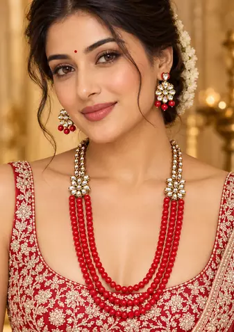 Red Kundan Triple Strand Necklace Set