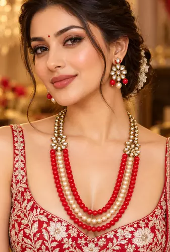 Red and cream kundan pearl layered necklace set