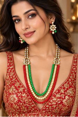 Red green pearl kundan strand necklace set 6