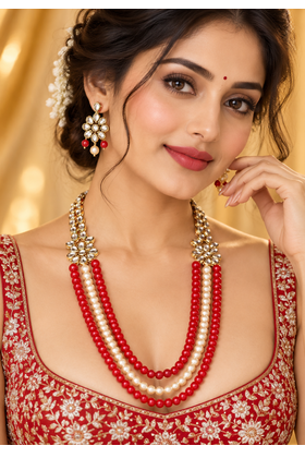 Red and cream kundan pearl layered necklace set 6