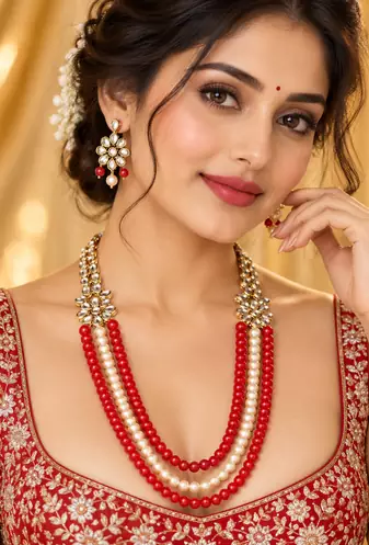 Red and cream kundan pearl layered necklace set