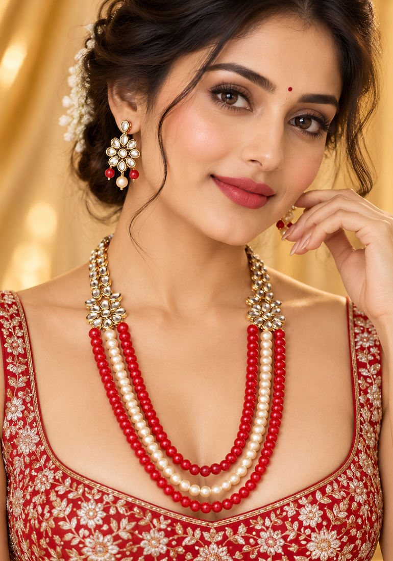 Red and cream kundan pearl layered necklace set