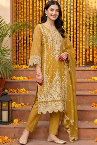 women ethnic motifs embroidered regular thread work kurta with trousers & with dupatta