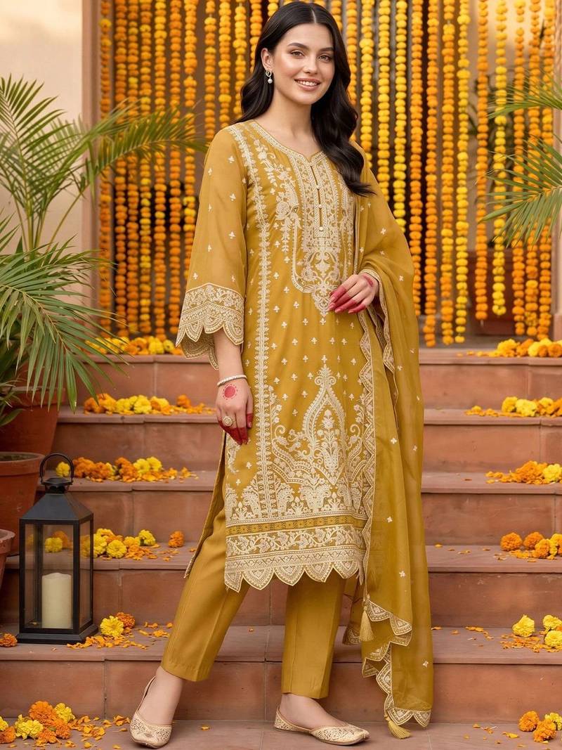 women ethnic motifs embroidered regular thread work kurta with trousers & with dupatta