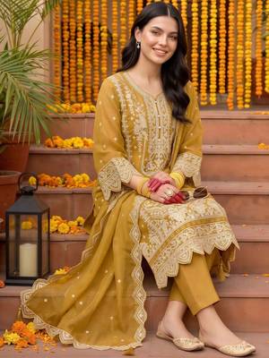 women ethnic motifs embroidered regular thread work kurta with trousers & with dupatta 5