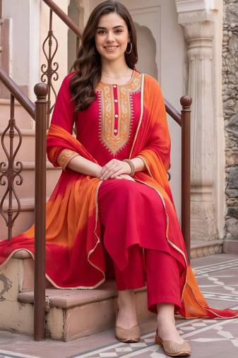 women ethnic motifs embroidered regular thread work kurta with trousers & with dupatta