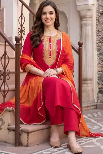 women ethnic motifs embroidered regular thread work kurta with trousers & with dupatta