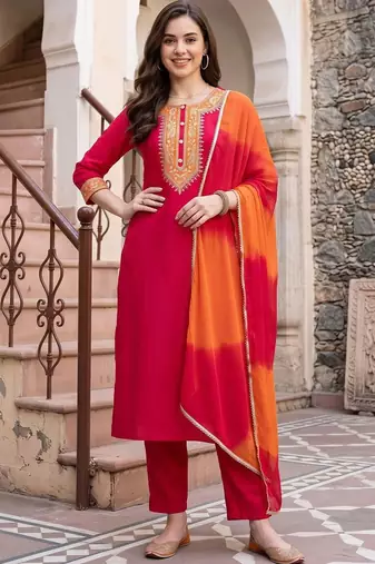 women ethnic motifs embroidered regular thread work kurta with trousers & with dupatta