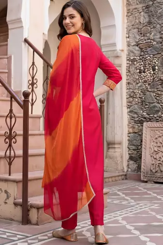 women ethnic motifs embroidered regular thread work kurta with trousers & with dupatta