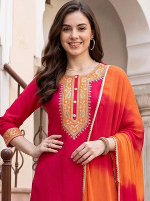 women ethnic motifs embroidered regular thread work kurta with trousers & with dupatta 6