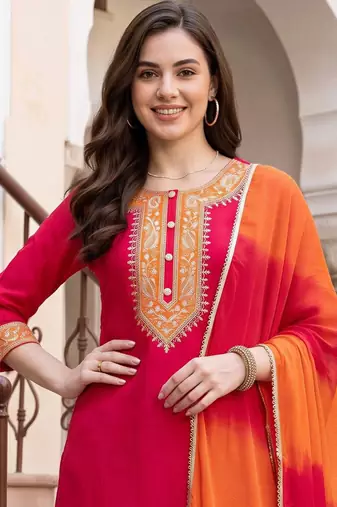 women ethnic motifs embroidered regular thread work kurta with trousers & with dupatta