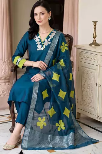 women ethnic motifs embroidered regular thread work kurta with trousers & with dupatta