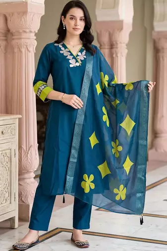 women ethnic motifs embroidered regular thread work kurta with trousers & with dupatta