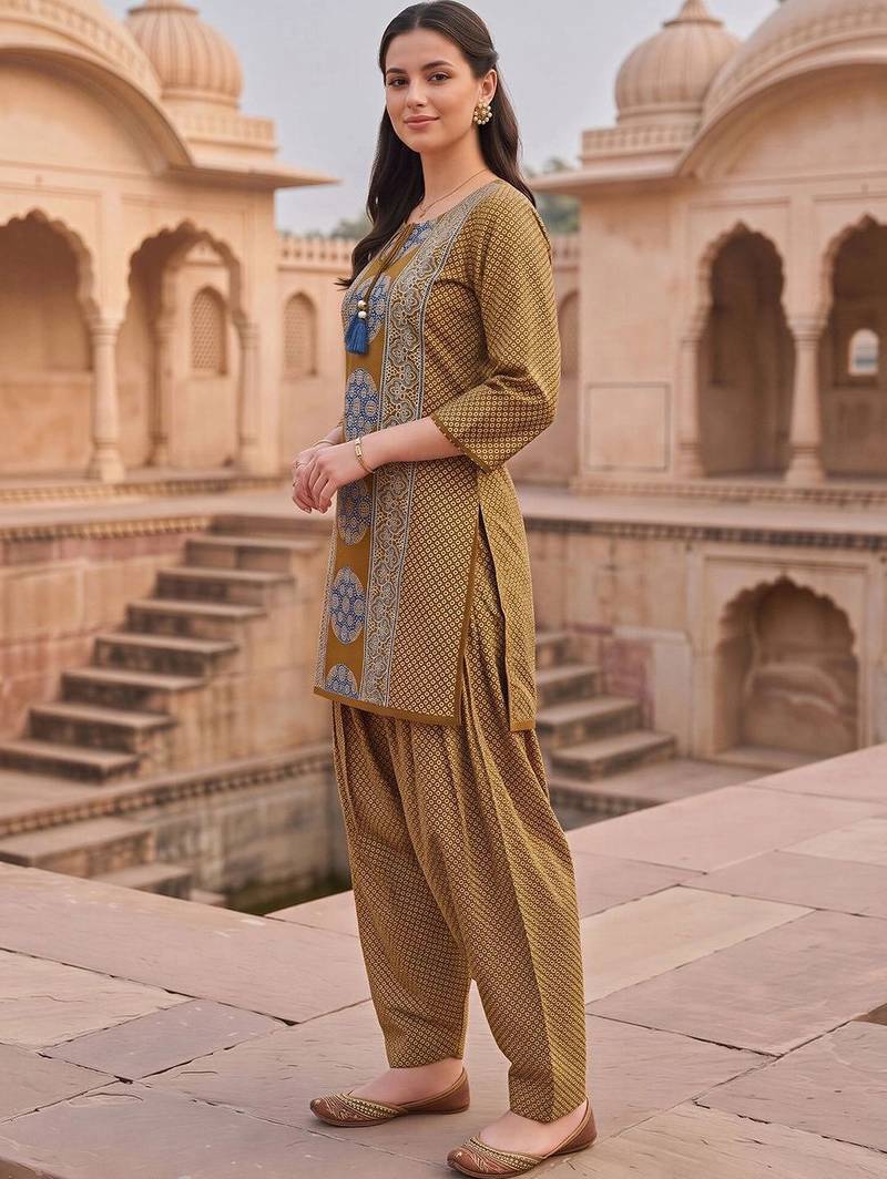 women printed regular cotton kurta with patiala & with dupatta