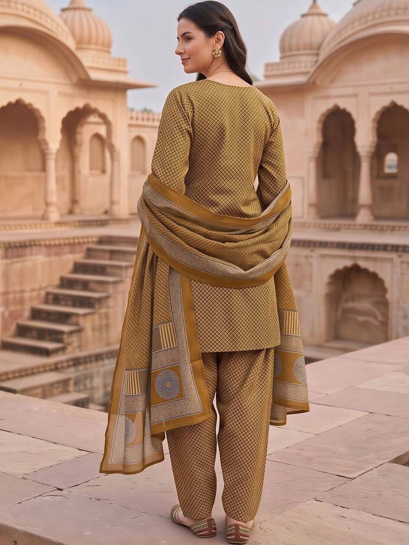 women printed regular cotton kurta with patiala & with dupatta