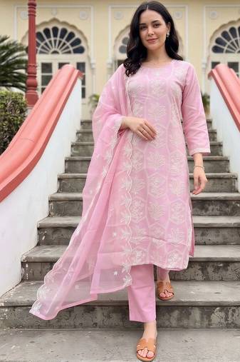 women ethnic motifs embroidered regular thread work kurta with trousers & with dupatta