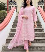 women ethnic motifs embroidered regular thread work kurta with trousers & with dupatta