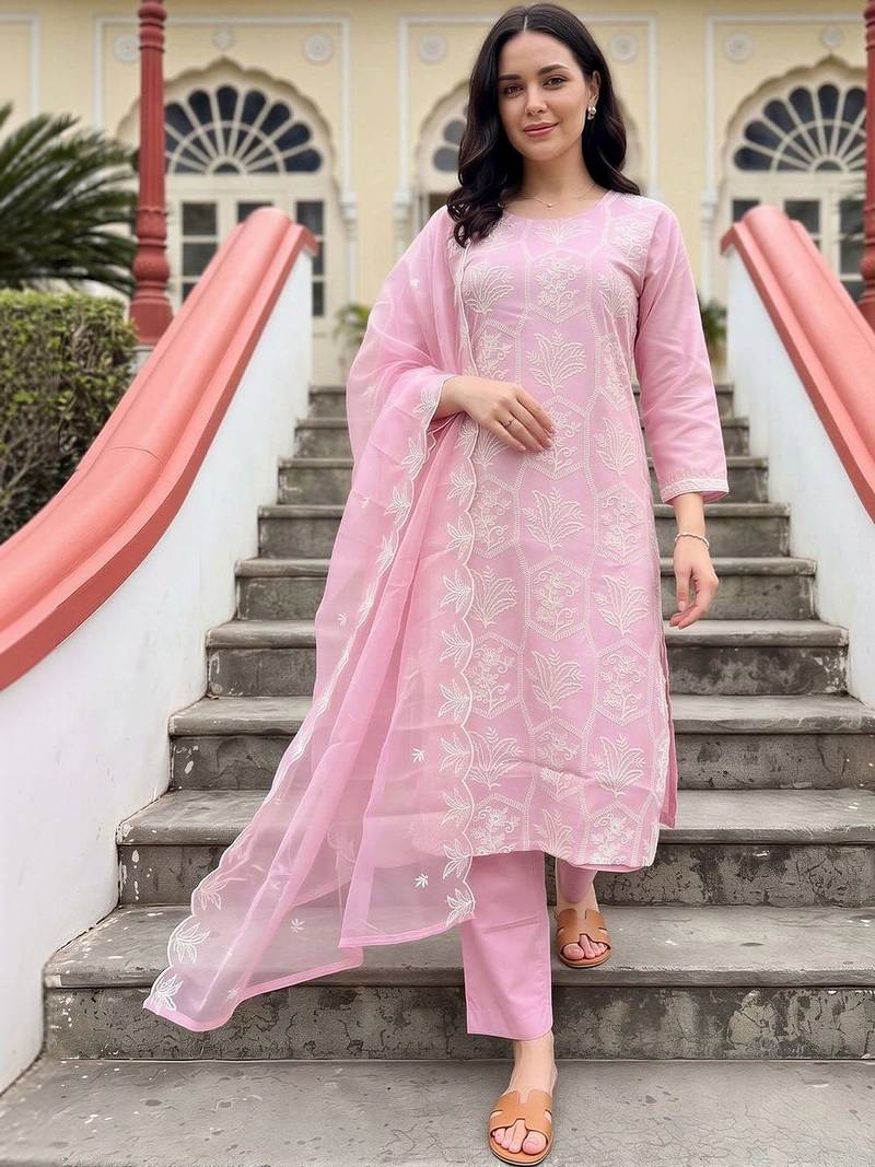 women ethnic motifs embroidered regular thread work kurta with trousers & with dupatta