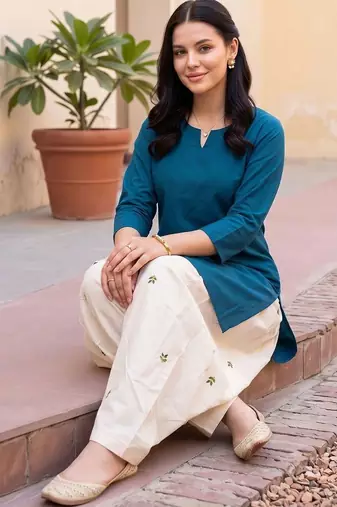 women ethnic motifs regular cotton kurti with patiala