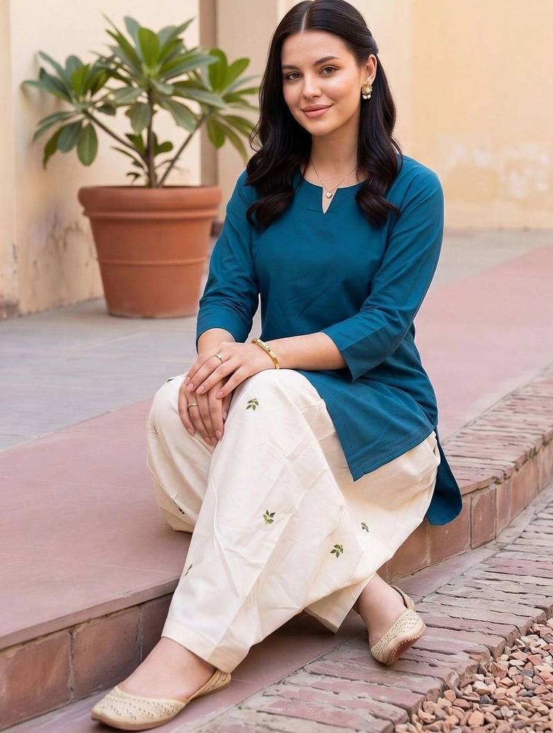 women ethnic motifs regular cotton kurti with patiala