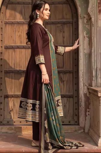 women ethnic motifs printed regular cotton kurta with trousers & with dupatta