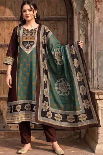 women ethnic motifs printed regular cotton kurta with trousers & with dupatta