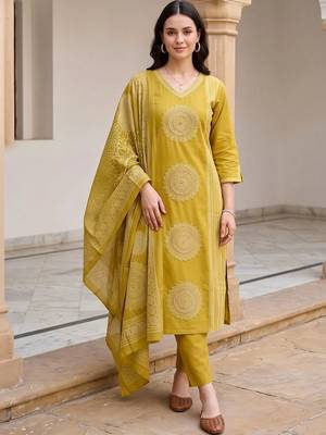 women ethnic motifs embroidered regular thread work cotton kurta with trousers & with dupatta 1