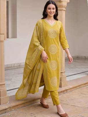 women ethnic motifs embroidered regular thread work cotton kurta with trousers & with dupatta 2