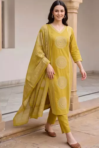 women ethnic motifs embroidered regular thread work cotton kurta with trousers & with dupatta