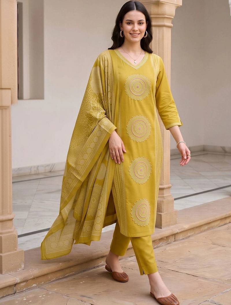 women ethnic motifs embroidered regular thread work cotton kurta with trousers & with dupatta