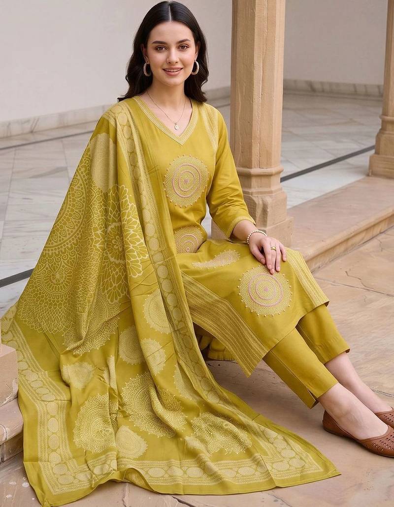 women ethnic motifs embroidered regular thread work cotton kurta with trousers & with dupatta