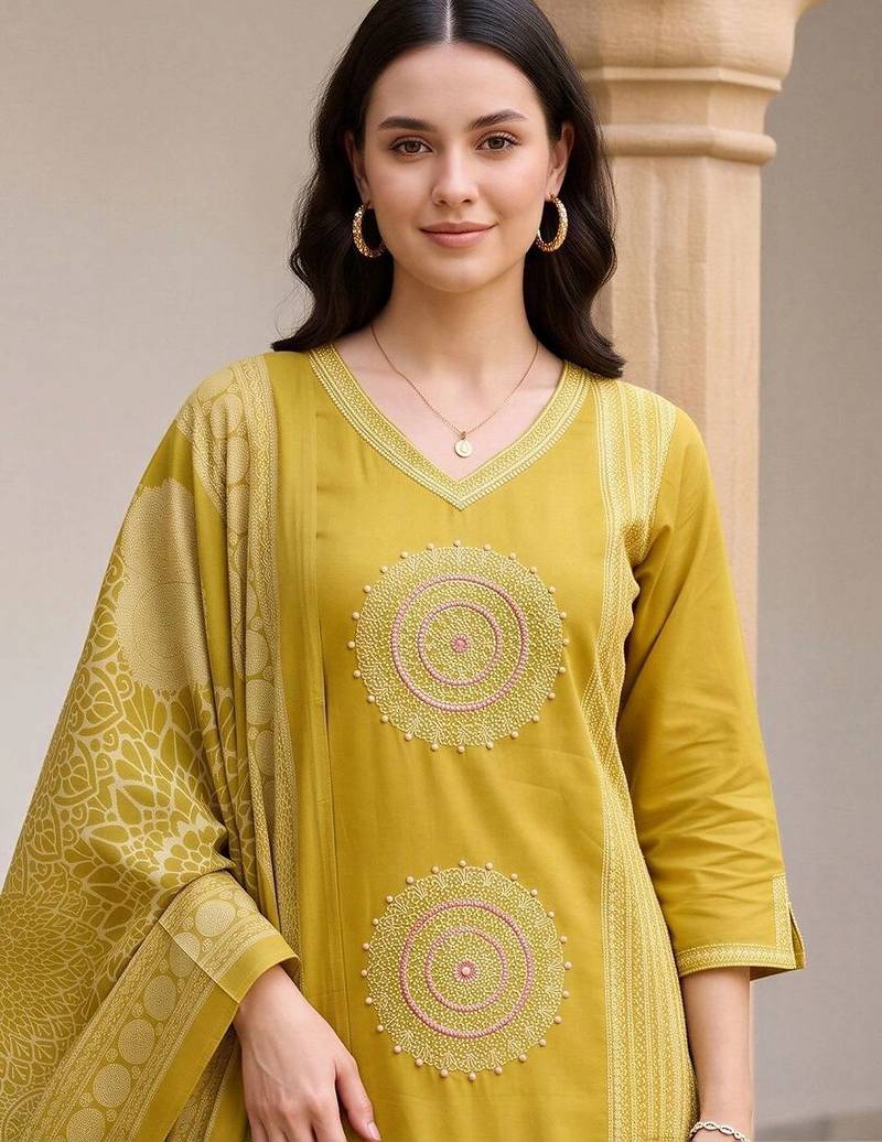women ethnic motifs embroidered regular thread work cotton kurta with trousers & with dupatta
