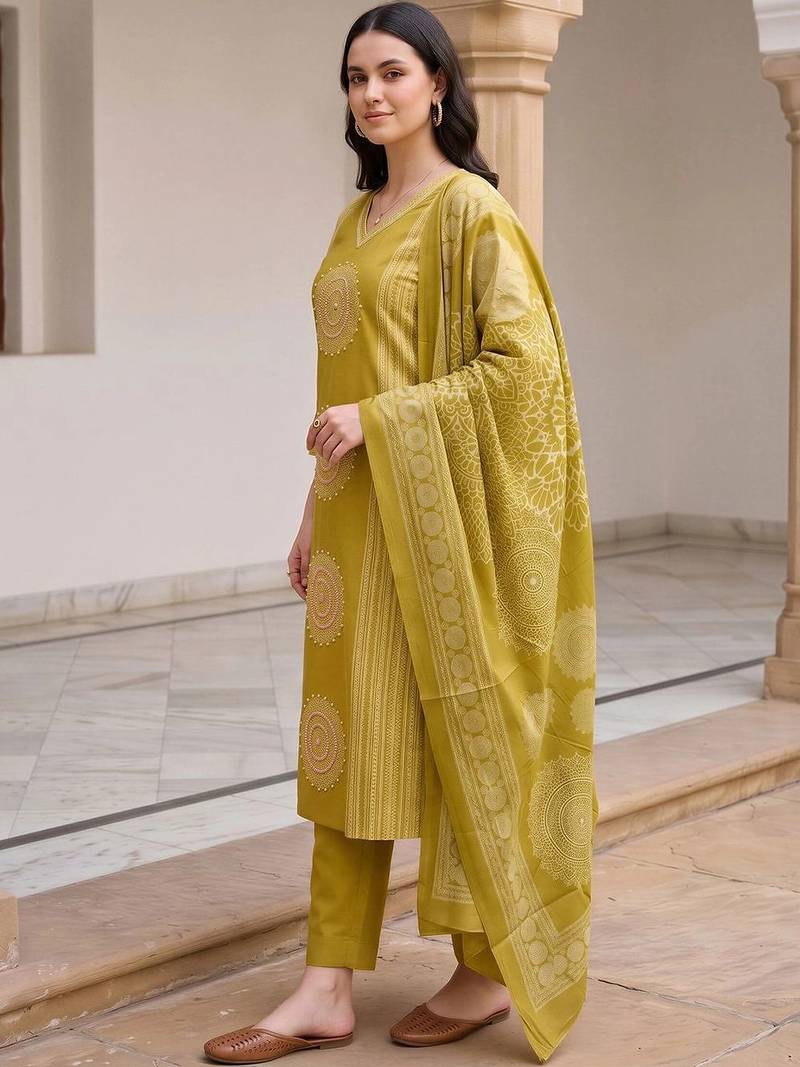 women ethnic motifs embroidered regular thread work cotton kurta with trousers & with dupatta