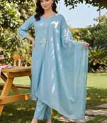 women floral embroidered regular thread work cotton kurta with trousers & with dupatta