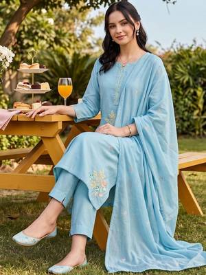 women floral embroidered regular thread work cotton kurta with trousers & with dupatta 5