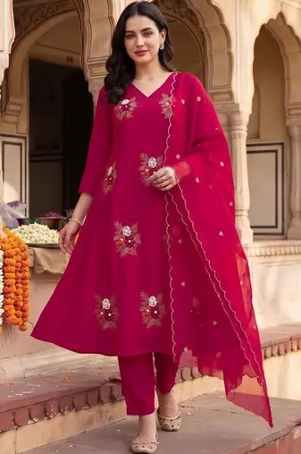 women ethnic motifs embroidered regular thread work kurta with trousers & with dupatta