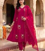 women ethnic motifs embroidered regular thread work kurta with trousers & with dupatta