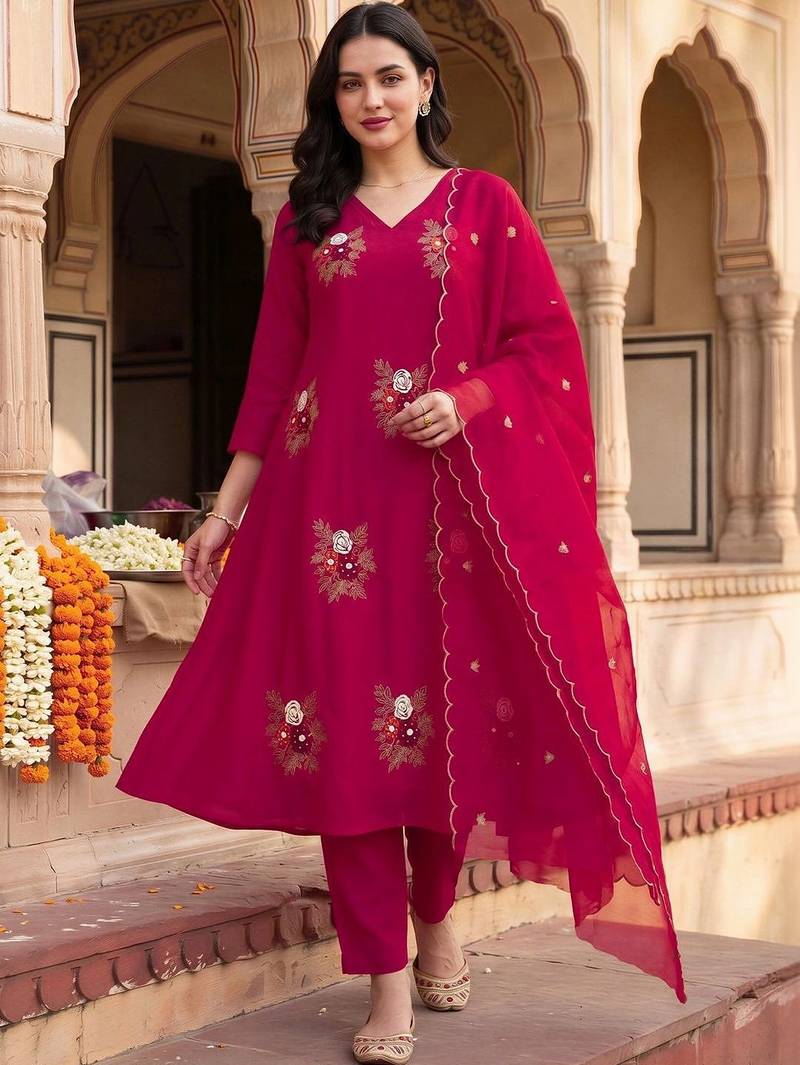 women ethnic motifs embroidered regular thread work kurta with trousers & with dupatta