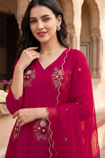 women ethnic motifs embroidered regular thread work kurta with trousers & with dupatta