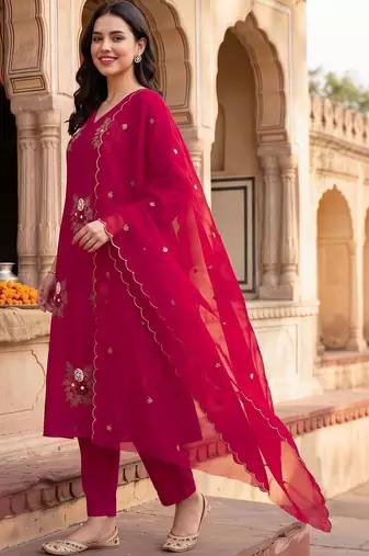 women ethnic motifs embroidered regular thread work kurta with trousers & with dupatta