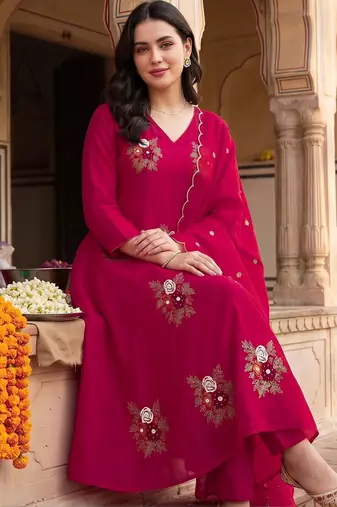 women ethnic motifs embroidered regular thread work kurta with trousers & with dupatta