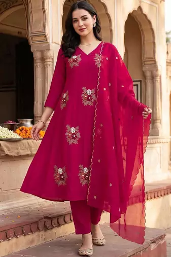 women ethnic motifs embroidered regular thread work kurta with trousers & with dupatta